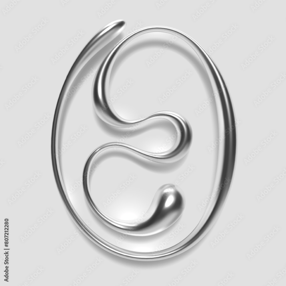 Poster 3d chrome number 0, numeral zero dripping liquid metal with glossy reflection shiny surface. abstrac