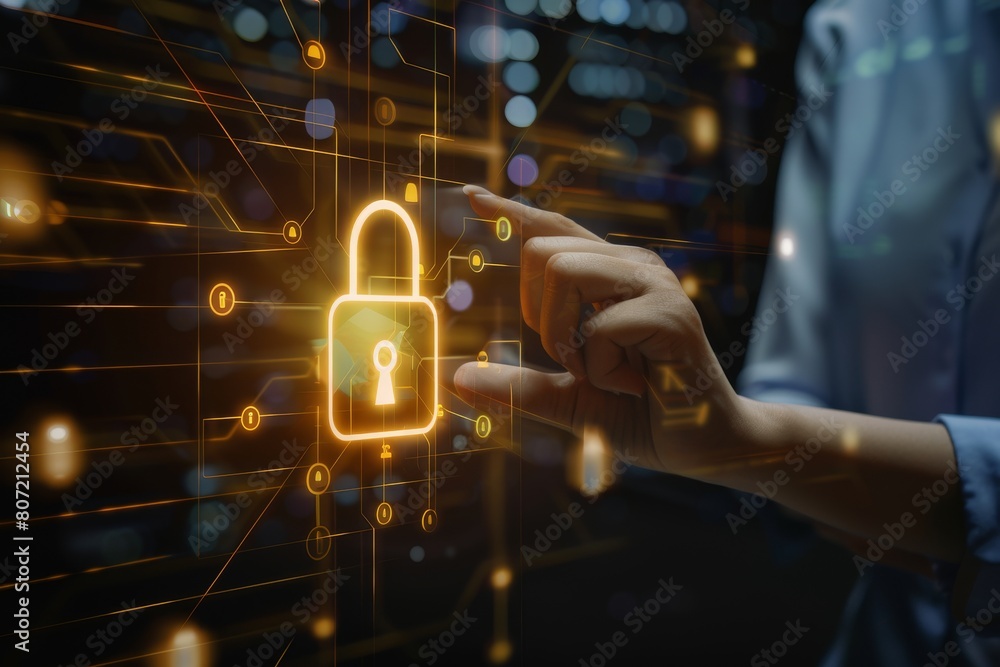 Poster cybersecurity empowered by phishing protections, secured networks enforce lock security, digital pri