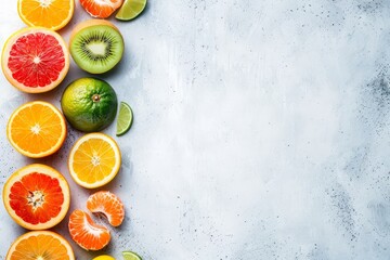 Fresh colorful summer fruits on white table orange tangerine lime kiwi grapefruit Top view with space for text