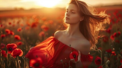 Caucasian woman in red dress posing in poppy field at sunset, a mesmerizing portrait