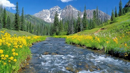   A stream runs through a verdant forest of wildflowers adjacent to snow-capped mountain range - Powered by Adobe
