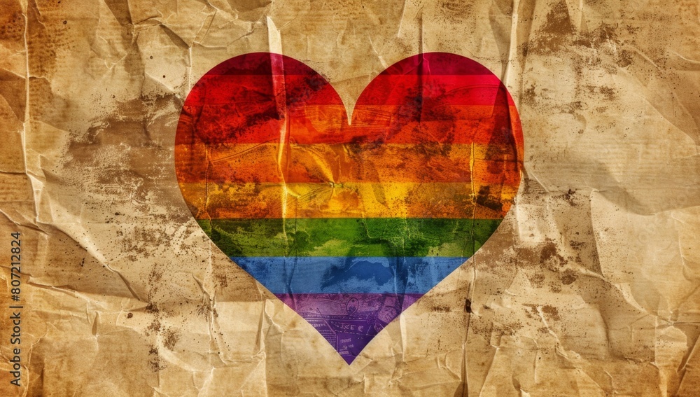 Poster a rainbow-colored heart with the pride flag stripes set against an old paper texture background gene