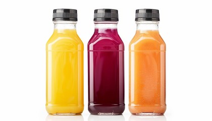Cube shaped clear plastic bottles of fresh fruit juice orange carrot beetroot or pomegranate with a blank frontal space for branding placed on a white backgroun
