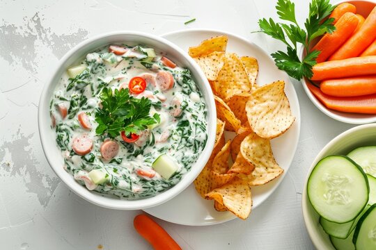 Creamy spinach dip with various vegetables and chips on a white table top view