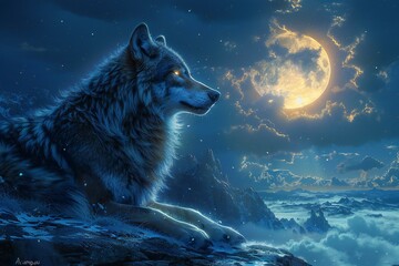 Wolf howling at the full moon in the night,   rendering