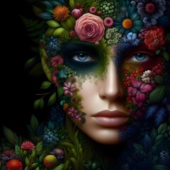 Hyper realistic woman’s face with floral and tree elements against a dark nature background.