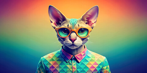 The colourful, expressive-faced cat wears large, round sunglasses and a geometric patterned shirt. In the background you can see the alternation of warm and cool tones.AI generated.