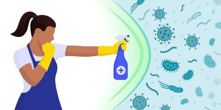 Woman fighting germs with a spray disinfectant