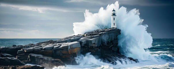 Massive waves engulfing a lighthouse on a rugged cliff. Close-up shot of stormy sea and lighthouse in tumultuous weather.