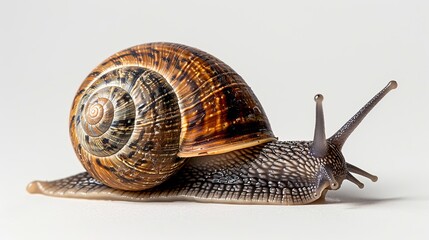 A small orange and brown snail is laying on a white background