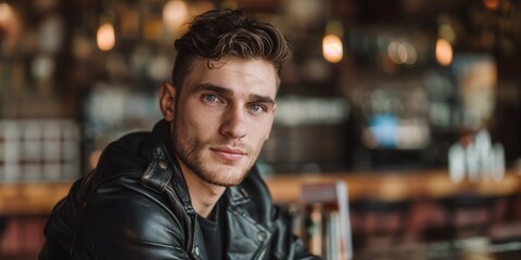 Obraz premium A stylish young man with a contemplative look sits in a dimly lit bar setting