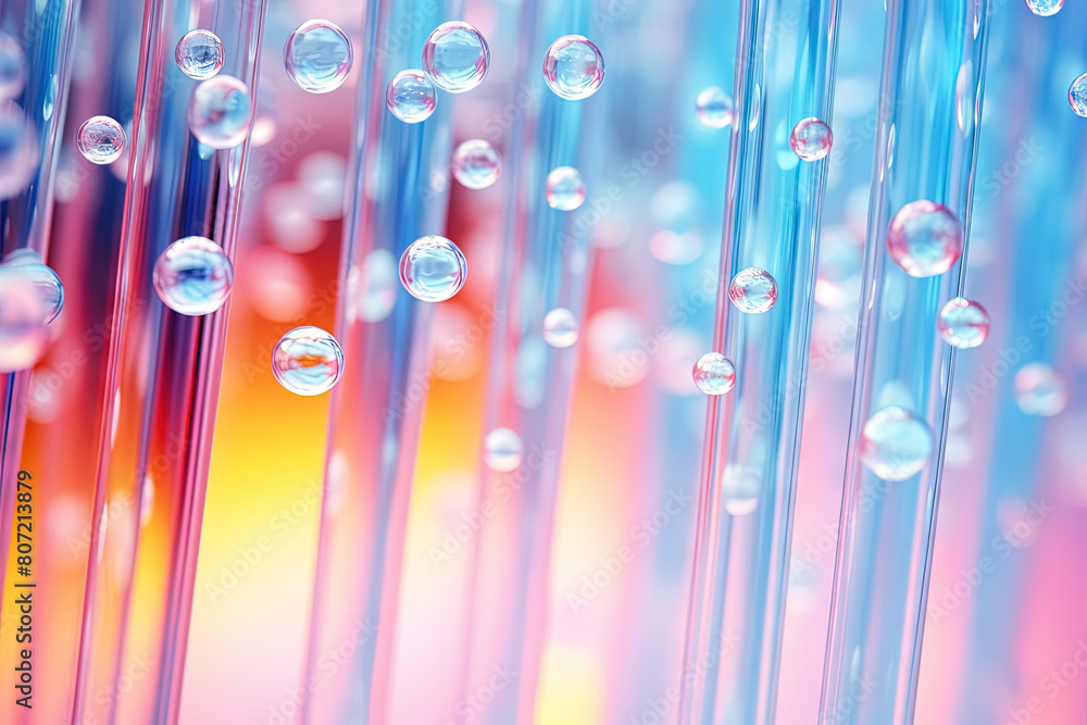 Poster Pink holographic bubbles floating on the soft colorful abstract background in beautiful vivid tones.