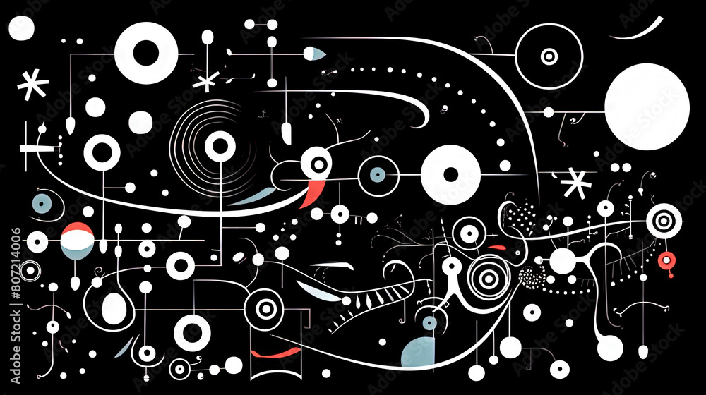 Poster geometric abstract background with black dots, circles and lines.