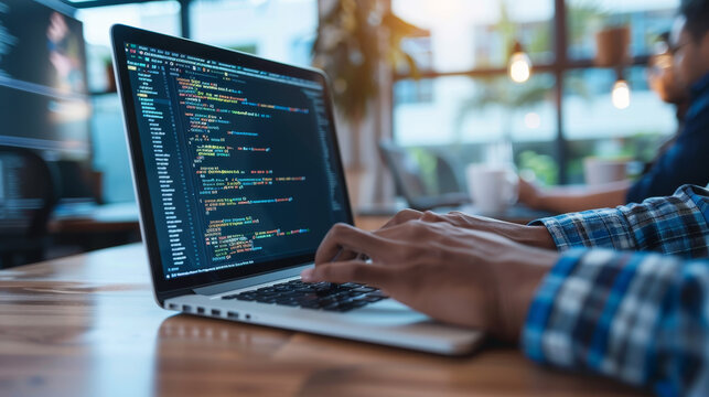 A person is typing on a laptop computer in front of a window