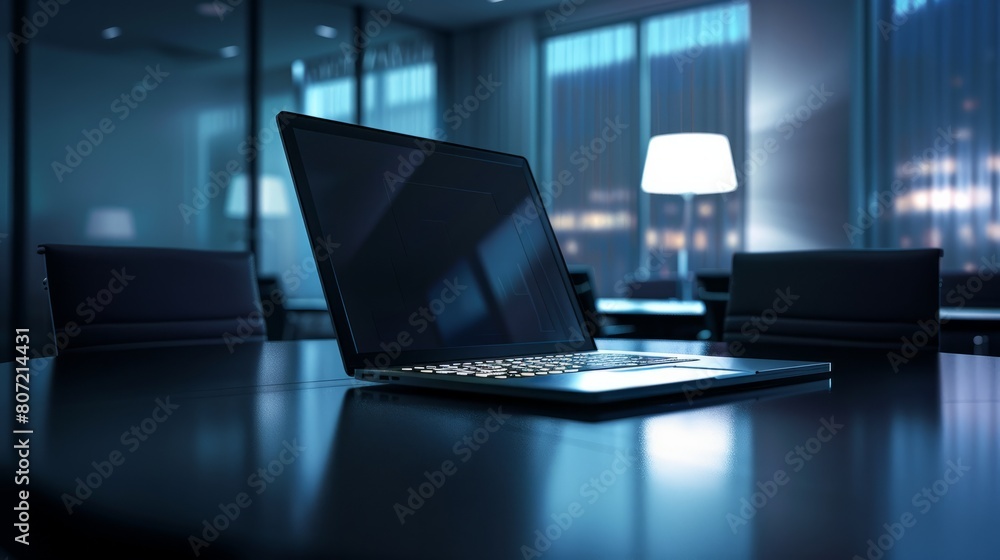 Poster laptop computer with opened lid on table in meeting room of office workspace. hyper realistic