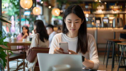 A woman is sitting at a table in a restaurant, looking at her cell phone