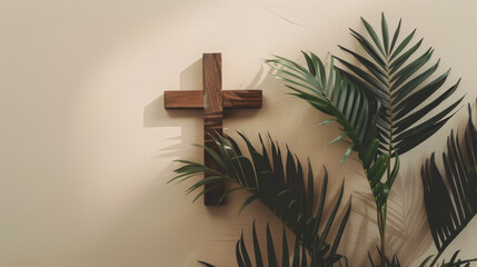 A wooden cross is hanging on a wall next to a palm tree