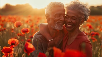 Romantic middle aged couple with grey hair hugging in vibrant poppy field at sunset - Powered by Adobe
