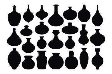 Set of ceramic boho vases. Pottery concept black Silhouette Design with white Background and Vector Illustration
