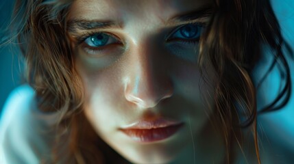 Intense Blue Eyes Portrait of Young Woman in Moody Lighting. Generative ai