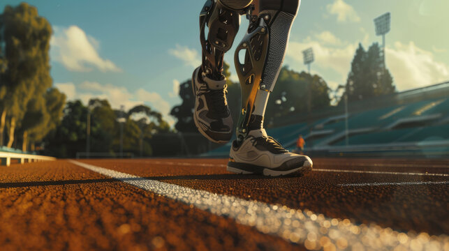 Athletic Prosthetic Runner on Track at Sunset. Generative ai - Powered by Adobe