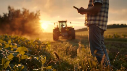 Farmer Using Smartphone in Field at Sunset with Tractor in Background. Generative ai