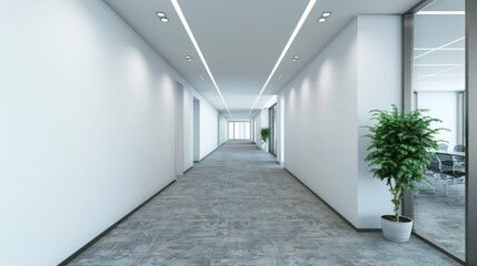 Modern office corridor or hallway interior with empty space over the white wall and the meeting room hyper realistic 