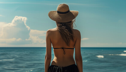 View from behind on a woman in black bikini standing in sea water