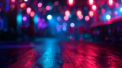 Nightclub, club, colorful lights and wooden floor, energy movement rhythm sound atmosphere