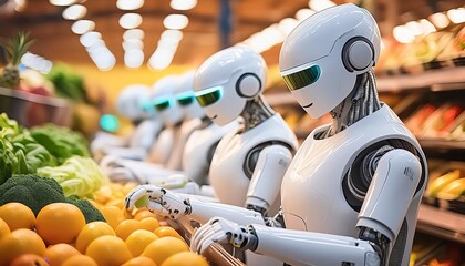 A row of humanoid robots selecting produce in a grocery store, highlighting the blend of advanced robotics in everyday life."
