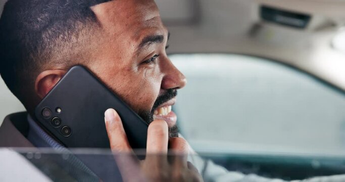 Businessman, talking and driving with phone call for work trip, discussion or travel in city. Black man, driver or employee speaking on mobile smartphone for business conversation, tour or commute