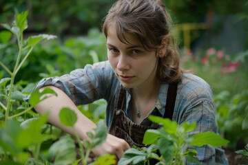 Caucasian woman tending to flourishing green plants in her own private backyard garden