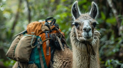 Fototapeta premium Adventurous llama outfitted in a cool explorer's gear, ready for a jungle expedition