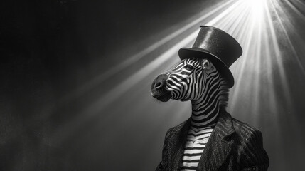 Stylish zebra in a monochrome ensemble, sporting a top hat with zebra stripes