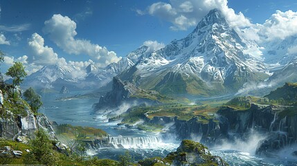  A painting depicts a majestic mountain range with a meandering river and a stunning waterfall at its heart