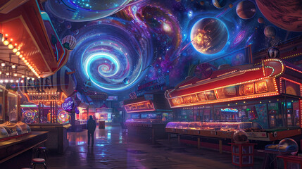 A cosmic carnival where the attractions are gateways to different realms, with rides that spiral through wormholes,
