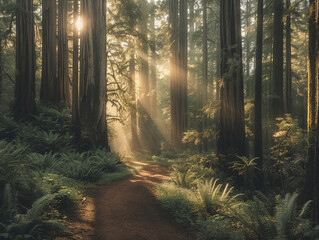 Hiking trails in an ancient forest, morning light filtering through tall trees, showcasing a path less traveled and serene naturerealistic photography