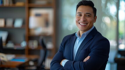 Fototapeta premium Smiling elegant confident young professional Latino hispanic business man , male proud leader, smart Latin businessman lawyer or company manager executive looking at camera standing in office
