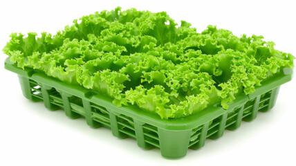 A tray of green lettuce is displayed on a white background