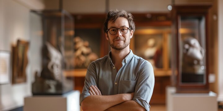 A contemplative young man is depicted against the backdrop of an art exhibit, exuding knowledge and culture