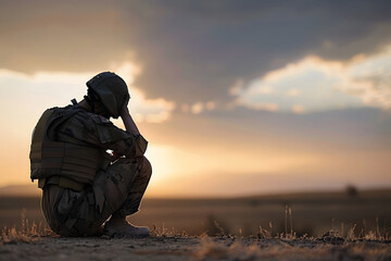 Soldier Sitting in Field.June 27, Post-Traumatic Stress Disorder,PTSD, Awareness Day