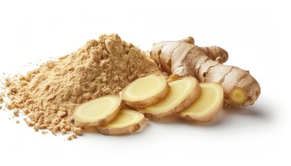 Ginger root and powder displayed on white background