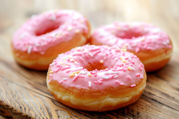 Three Glazed Donuts With Pink Frosting and Sprinkles. June 7, National Donut ,Doughnut day