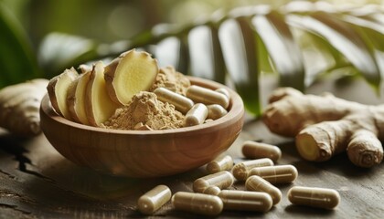 Ginger slice and powder capsules with ground ginger in wooden bowl on wood table background Herbal supplement concept - Powered by Adobe