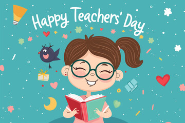 Vector Illustration for Happy Teachers' Day: Teacher with a Book and Glasses, Cheerful Girl Reading - Cartoon Poster