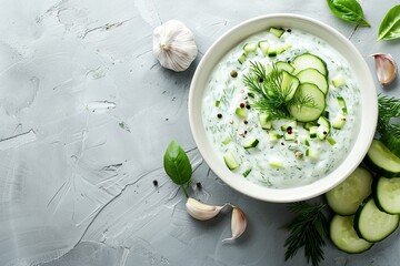 Greek tzatziki in white bowl on blue background top view