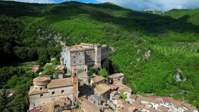scenic traditional medieval villages and castles of Italy - charming Arsoli, Lazio region. Aerial drone 4k hd video