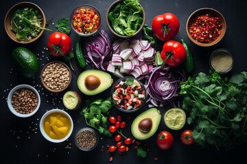 Set of ingredients for fresh vegetable salad, concept of diet and vegetarian nutrition, healthy lifestyle, top view with copyspace for tex

