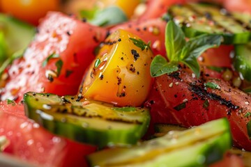 Grilled watermelon tomato and cucumber salad with close up focus