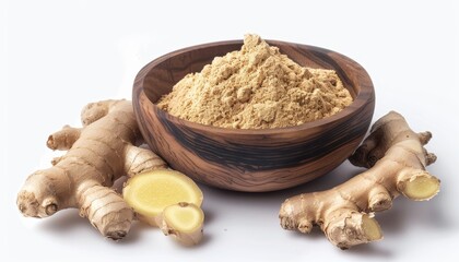 Fototapeta premium Ground dry ginger in wooden bowl on white background